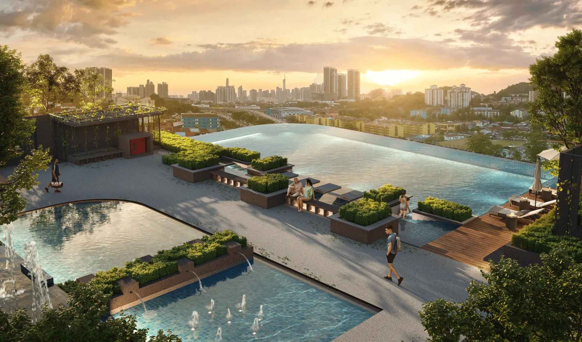 Rendering of the infinity pool and landscaped deck at sunset, the Kuala Lumpur skyline beyond