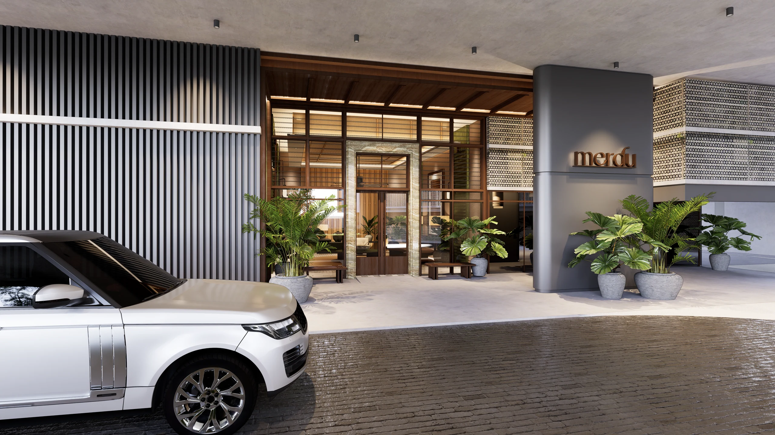 Rendering of the Merdu Residences arrival, the Merdu name beside the lobby entrance