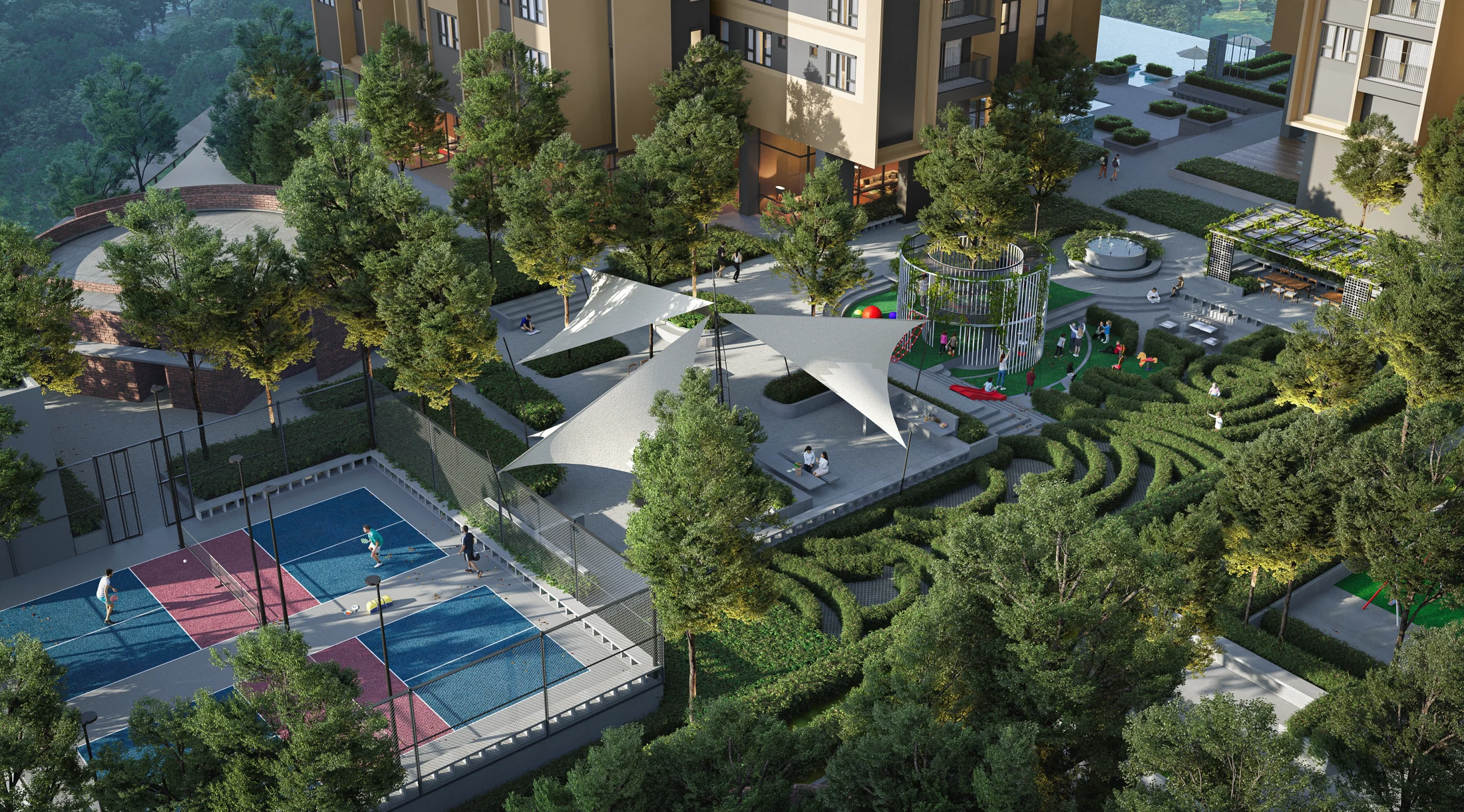 Rendering of the facilities podium from above: courts, shade sails, a hedge maze and a pavilion among trees