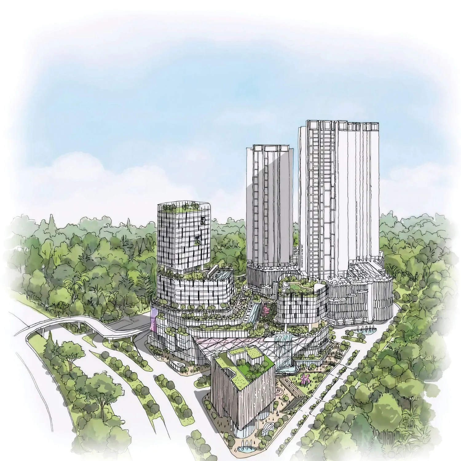 Watercolour sketch of Runnymede Valley: two residential towers at the rear, the commercial buildings at the front, and the flyover curving in from the left, all set in green hills.