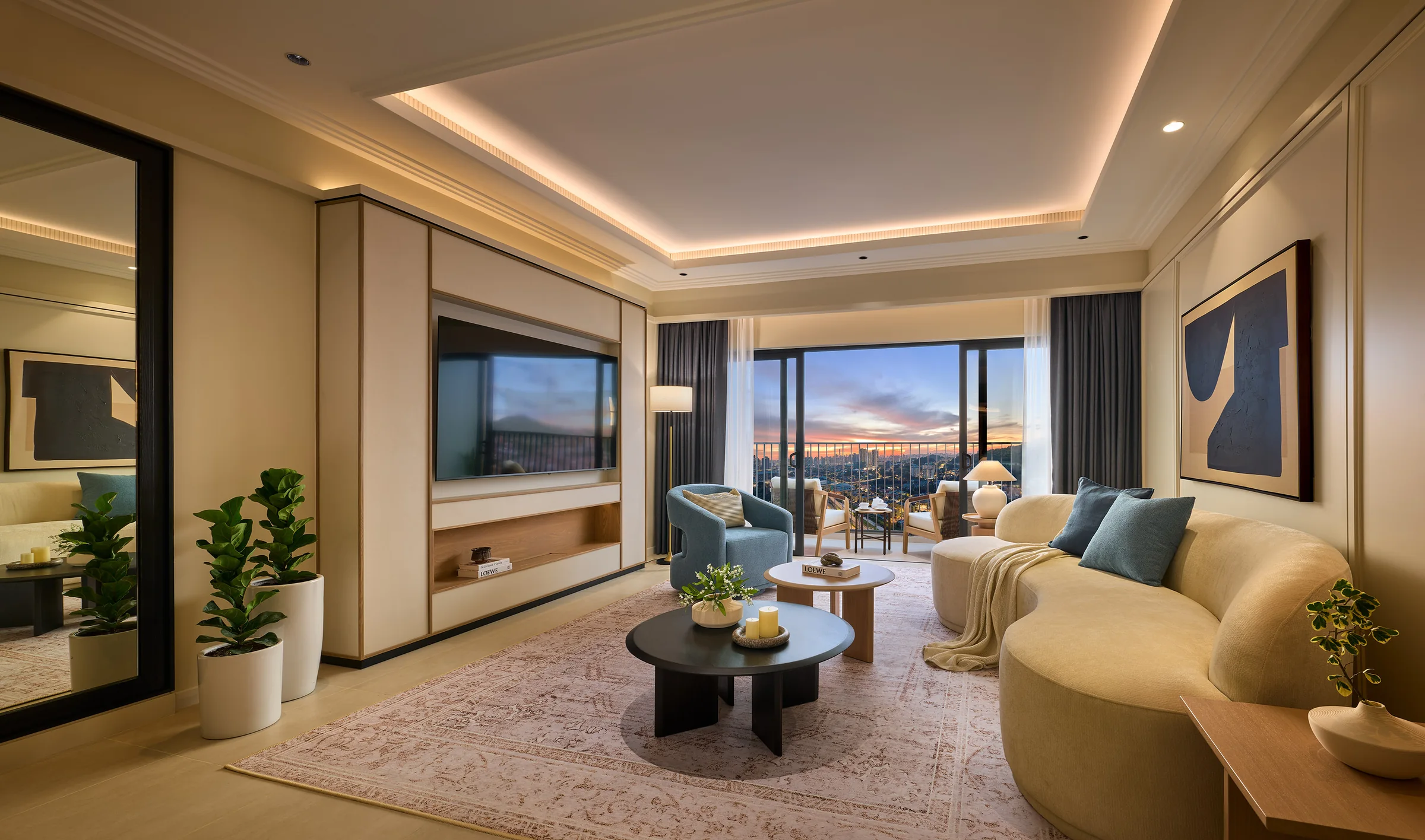 Type E living room, the city skyline through the window at sunset