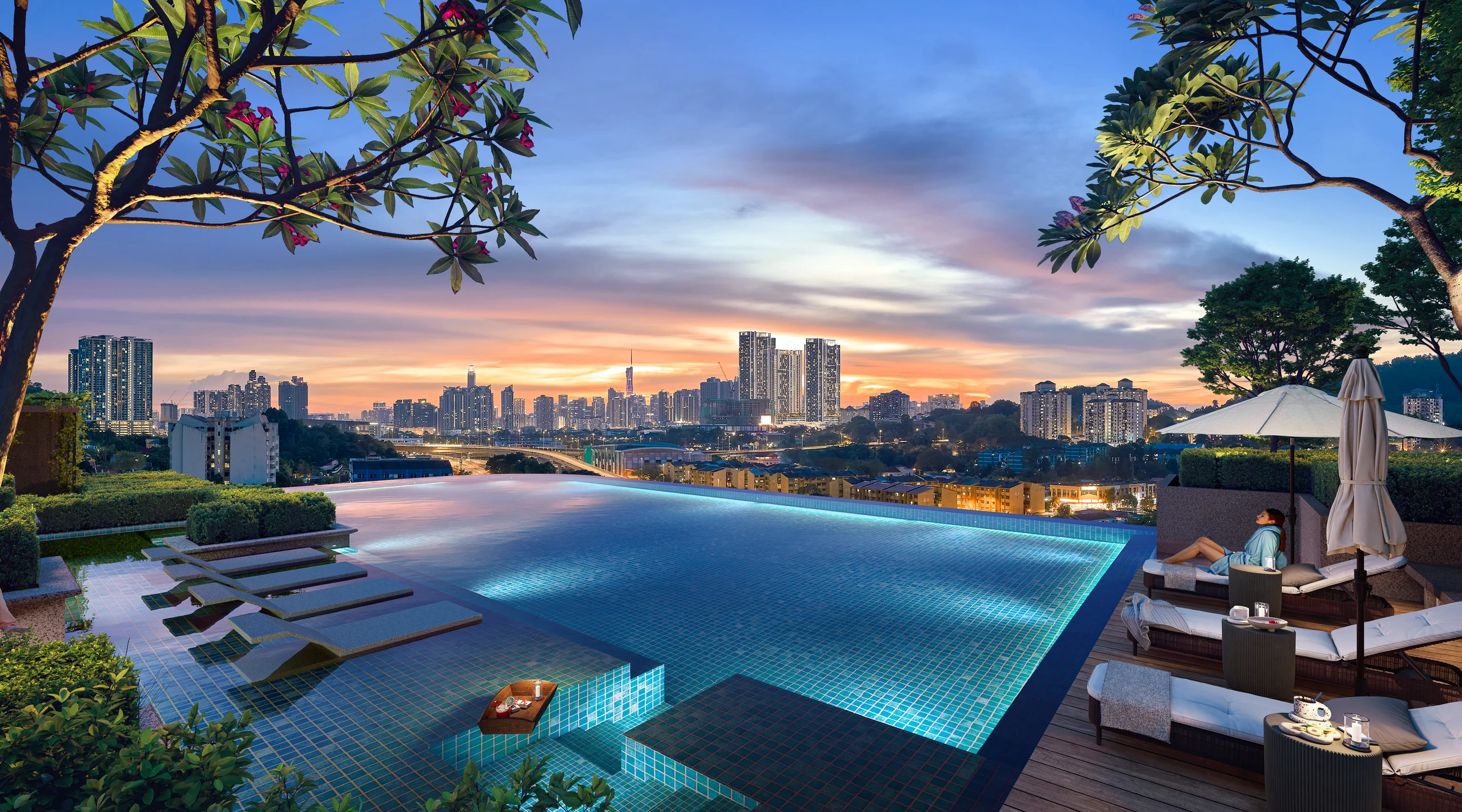 Rendering of the swimming pool at dusk, looking out over the Kuala Lumpur skyline