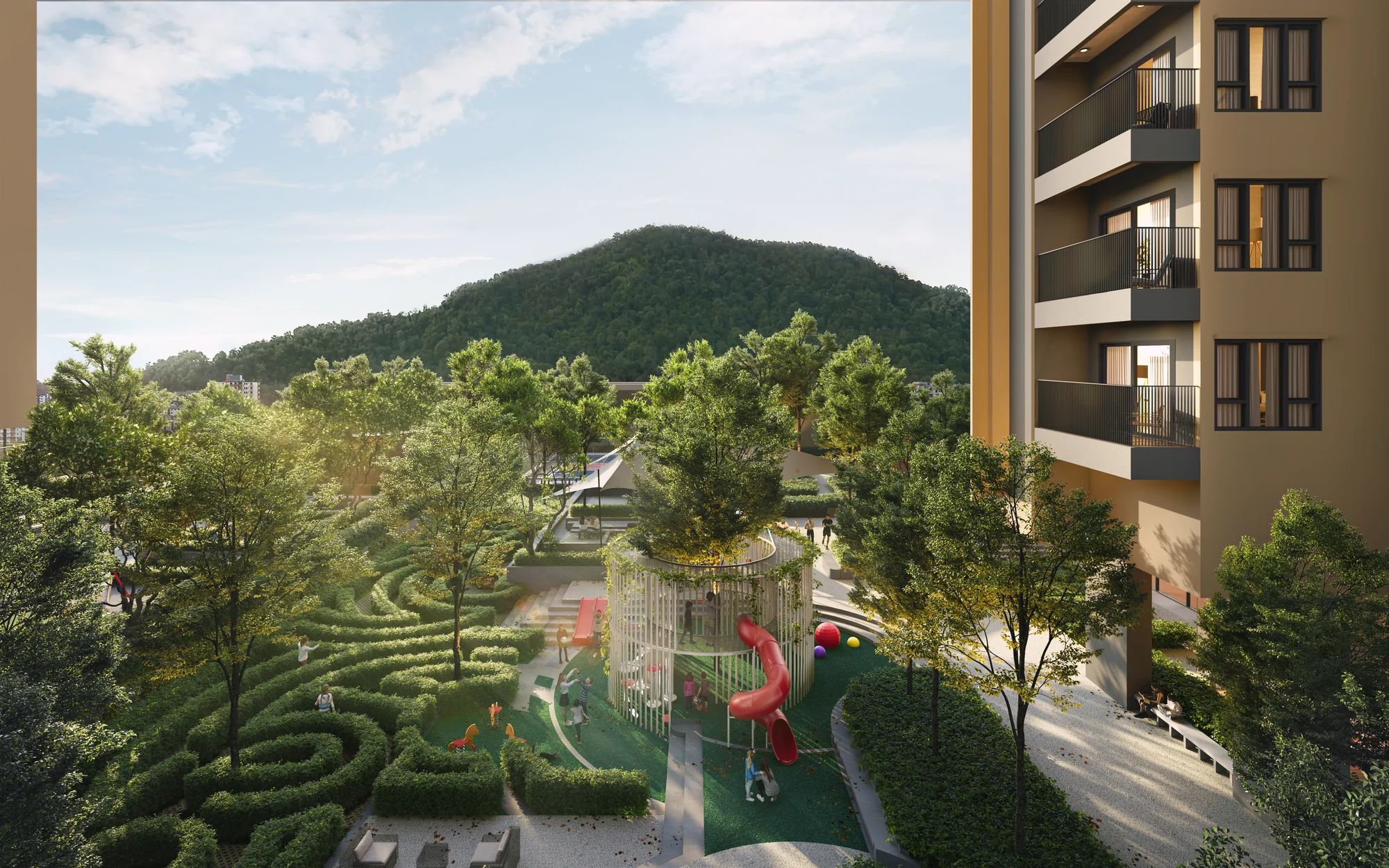 Rendering of the podium garden: a maze garden and a children’s play pavilion, a forested hill beyond