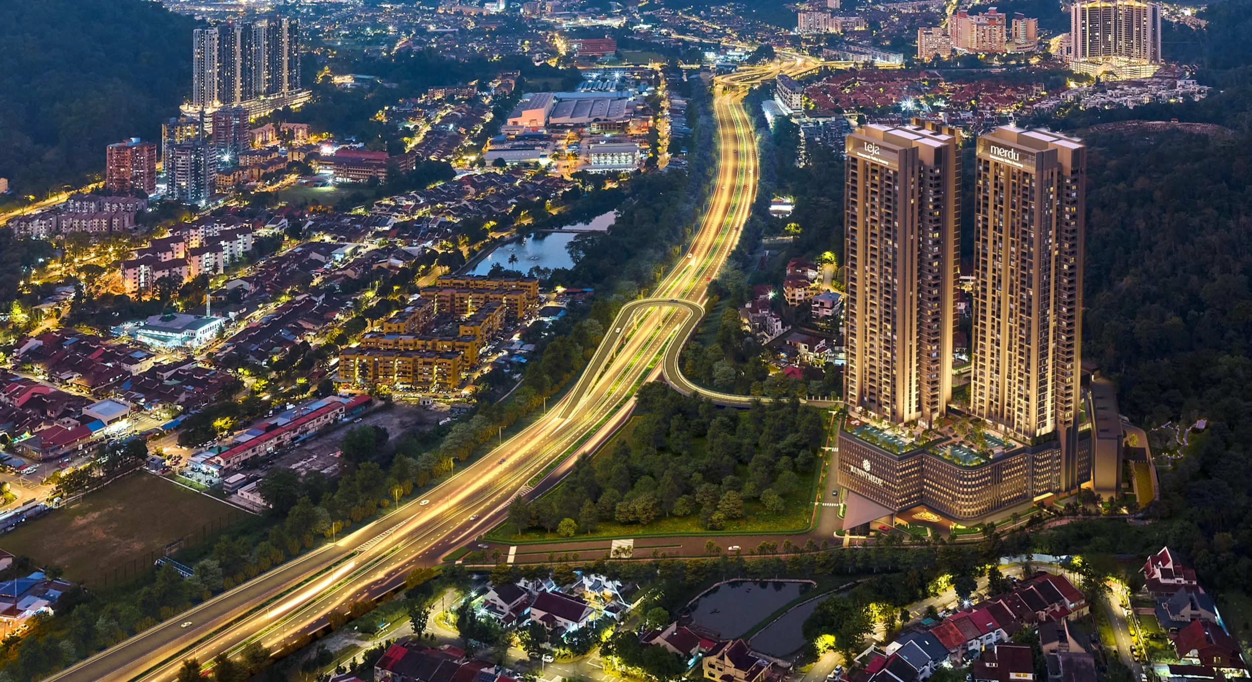 Aerial rendering of the Middle Ring Road 2 through Ampang, lit after dark, with the new flyover curving off it towards the Teja and Merdu towers of Runnymede Valley